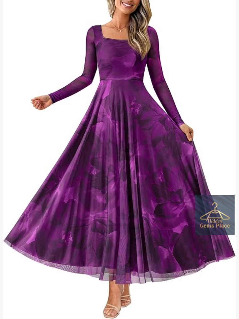 Elegant Long Sleeve Floral Maxi Dress Square Neck A-Line Sheer Sleeves